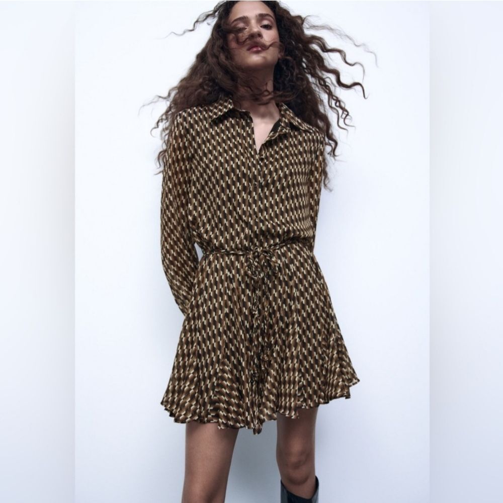 Zara Womens Black Gold Brown Retro Geo Print Button Down Skater Mini Dress sz M